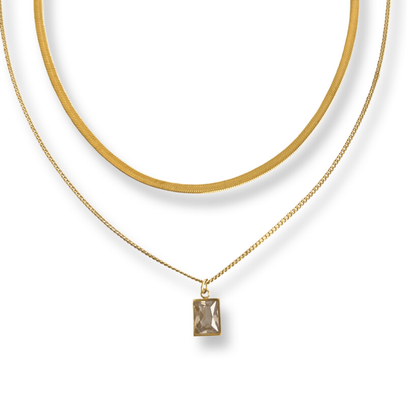 Ophelia Double Gold Ketting - Dubbele Ketting van staal met steentje - Goudkleurig