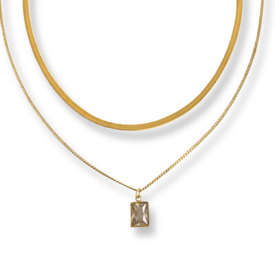 Ophelia Double Gold Ketting - Dubbele Ketting van staal met steentje - Goudkleurig