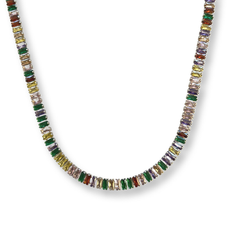 Halley Baguette Ketting Rainbow - Iced - Tennis Zilver - Kleurrijk
