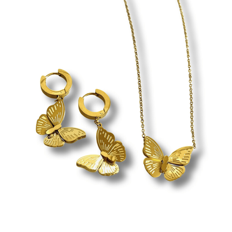 Rigel Vlinder Set Gold Ketting en Oorbellen - Stalen Butterfly Set Goudkleurig