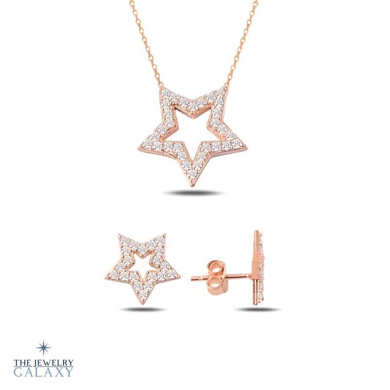 Mizar Sterren Set Ketting en oorbellen - S925 Sterling Zilver Roségoud