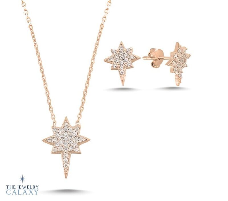 Polaris Northern Star Sterren Set Ketting en oorbellen - S925 Zilver Roségoud