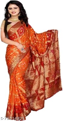 Orange &amp; Red Color Bandhej Silk Saree With Zari Weaving Work