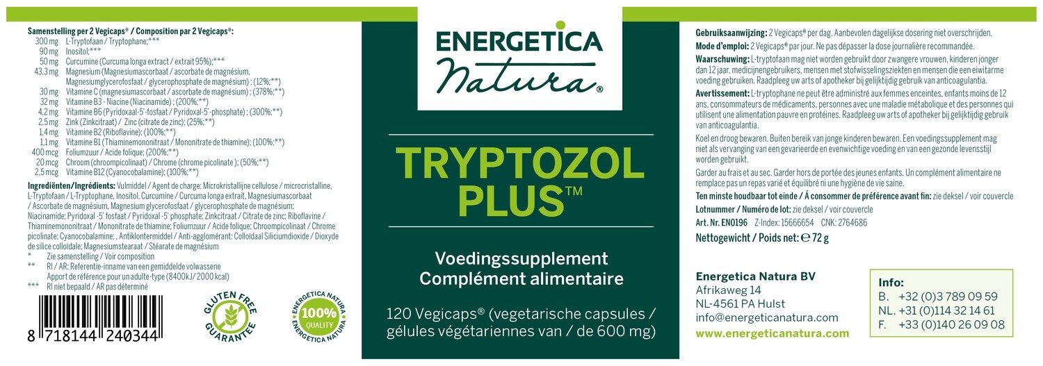 Energetica Natura Tryptzol Plus , 120 vegacaps, L-Tryptofaan met cofactoren