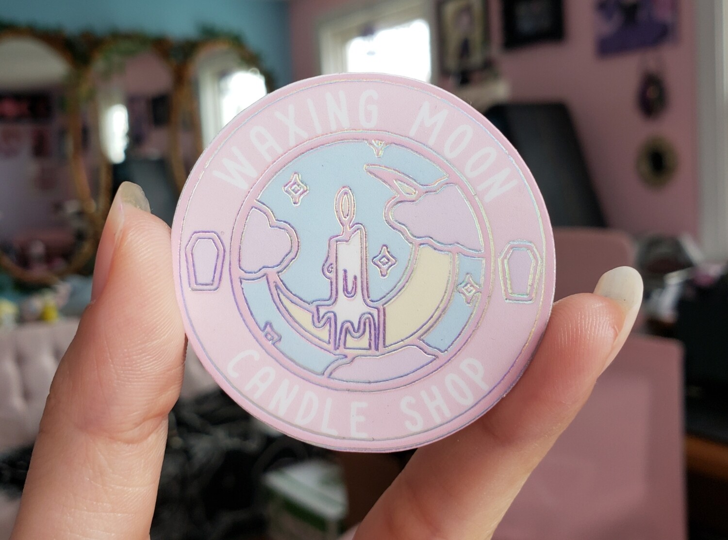 Waxing Moon Candle Shop Logo Sticker (with foil)