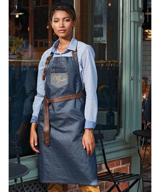 Premier Division waxed-look denim bib apron with faux leather