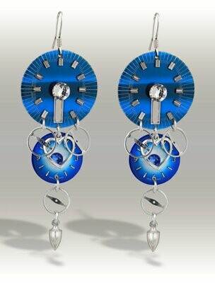 Blue and Silver Double Dial Drop Earrings