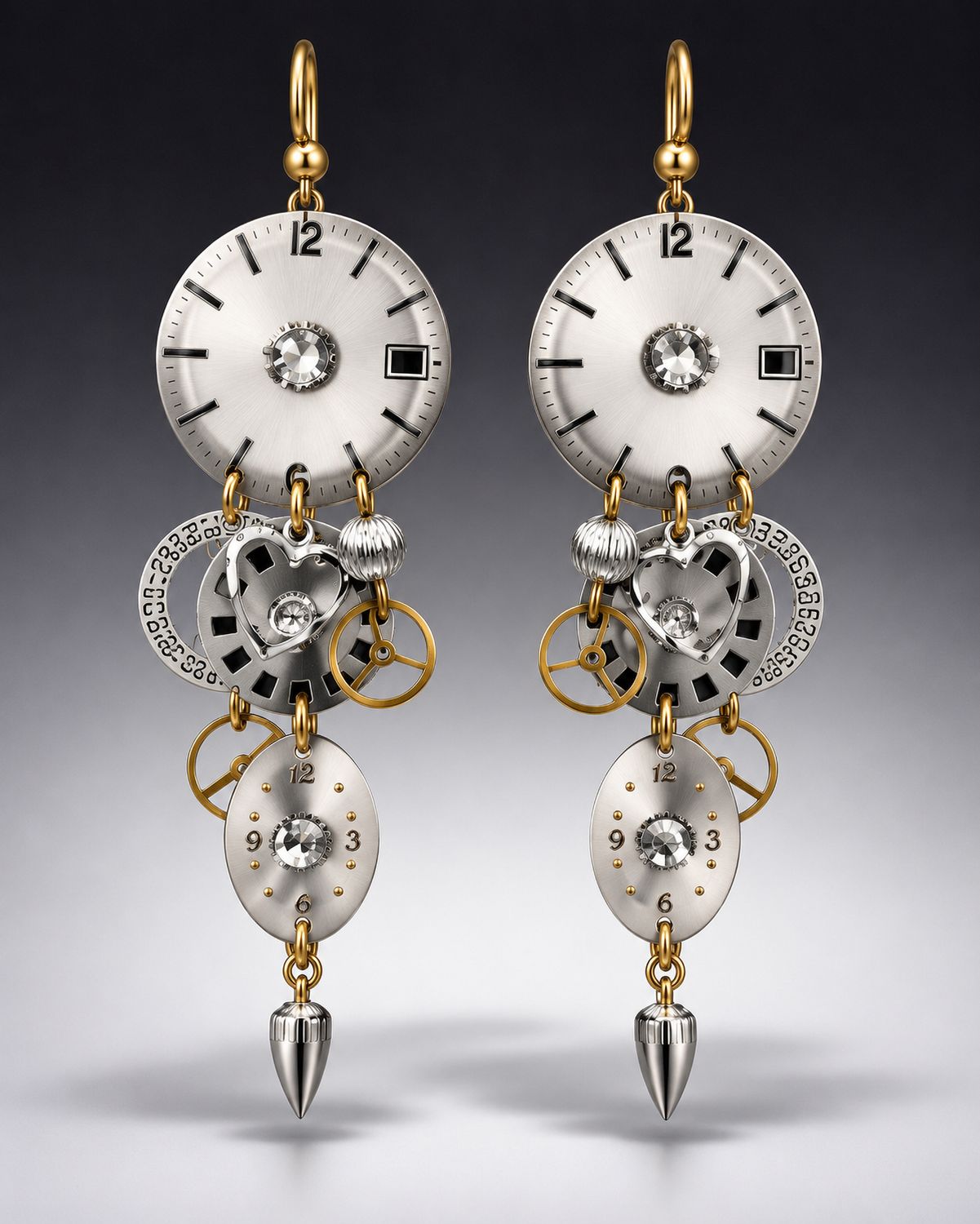 Silver and Gold Triple Dial with Date Wheel Earrings Silver and Gold Triple Dial with Date Wheel Earrings