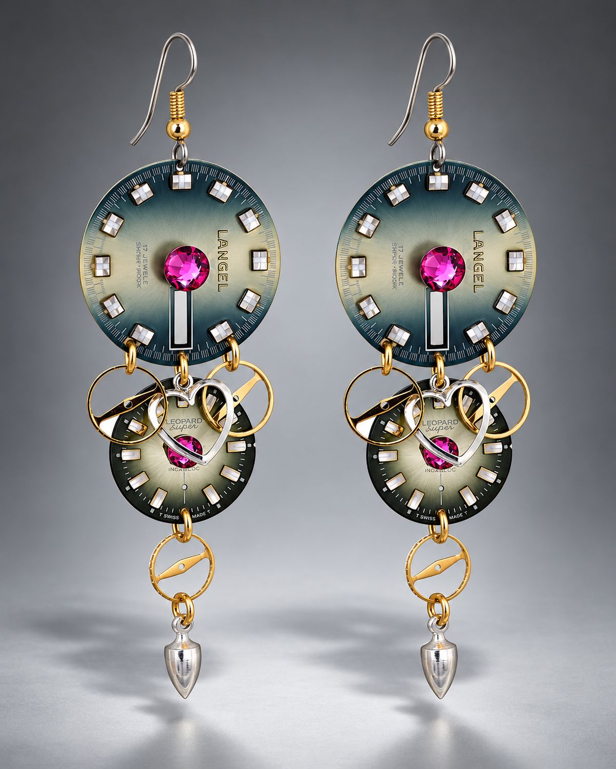 Green and Fuchsia Double Dial Drop Earrings