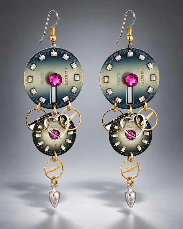 Green and Fuchsia Double Dial Drop Earrings Green and Fuchsia Double Dial Drop Earrings