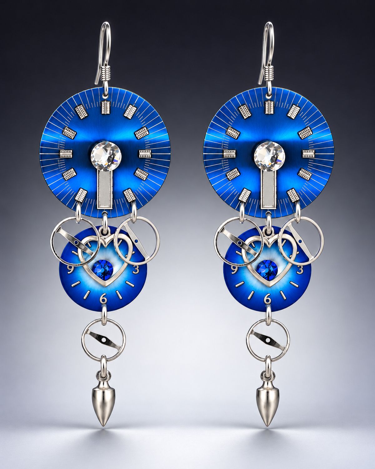 Blue and Silver Double Dial Drop Earrings Blue and Silver Double Dial Drop Earrings