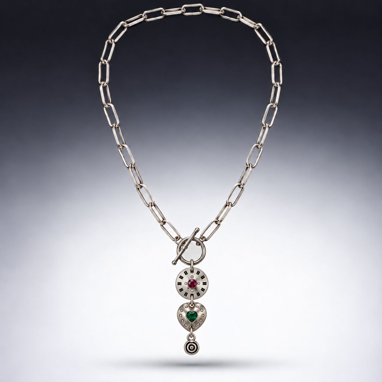 Silver Paper Clip Necklace with Multi-color Crystals