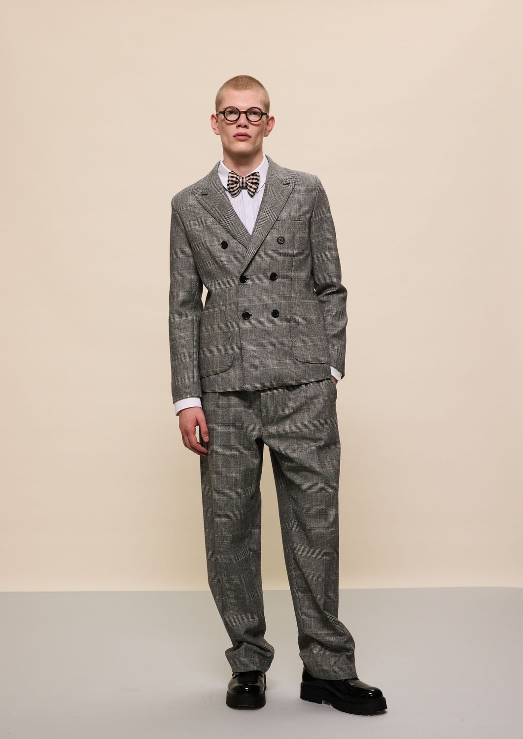 GREY PRINCE OF WALES PLEATED TROUSERS