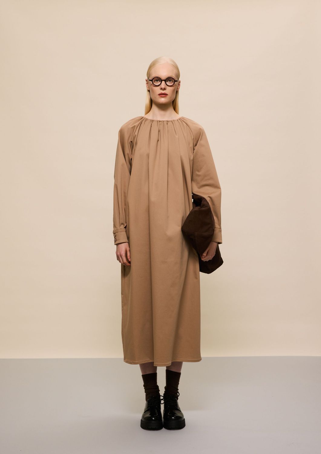 BEIGE GATHERED MIDI DRESS