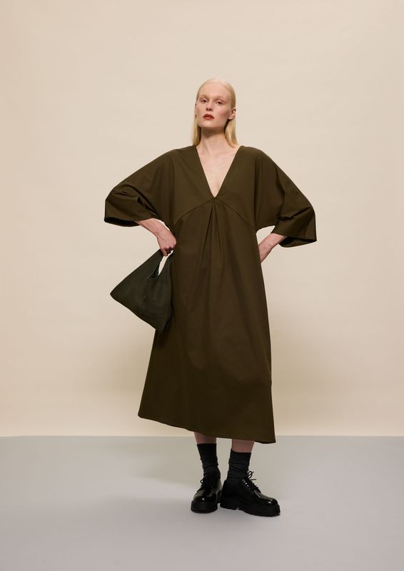OLIVE GREEN V-NECK MIDI DRESS