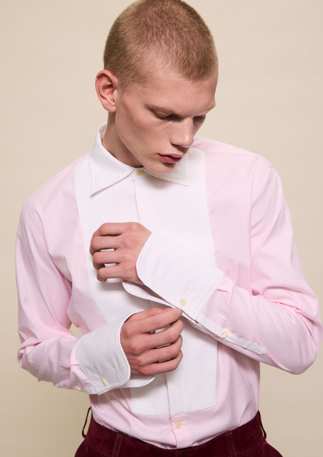PINK STRIPED BIB-FRONT SHIRT