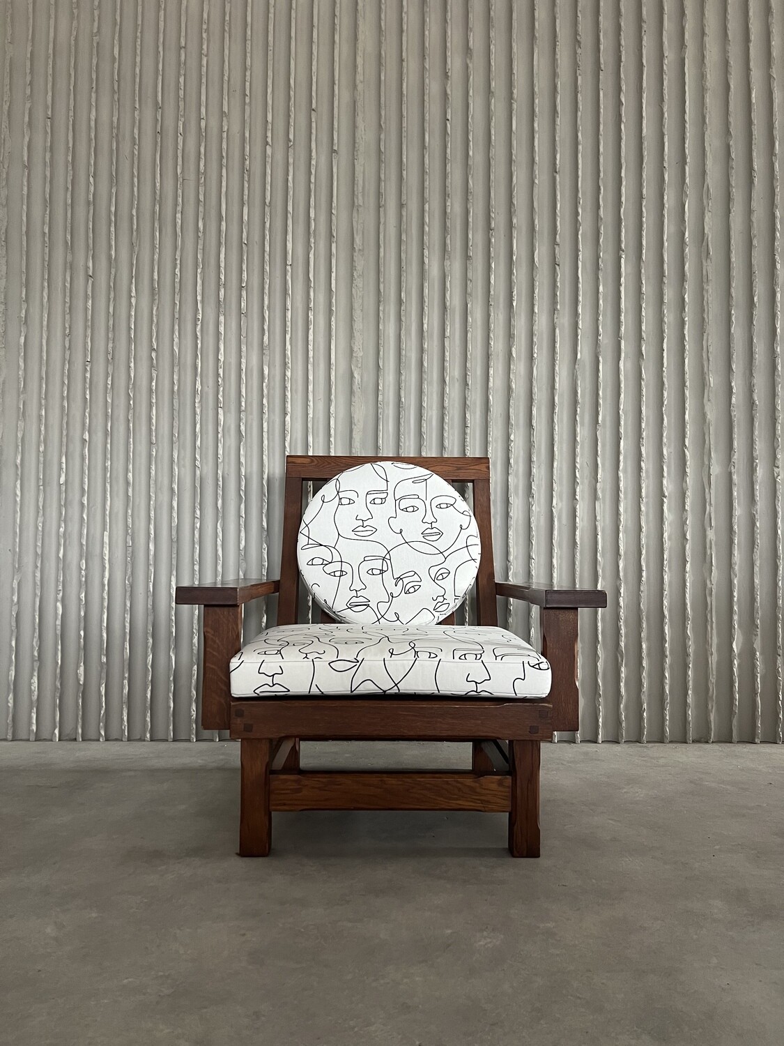 Wooden brutalist lounge chair newly upholstered