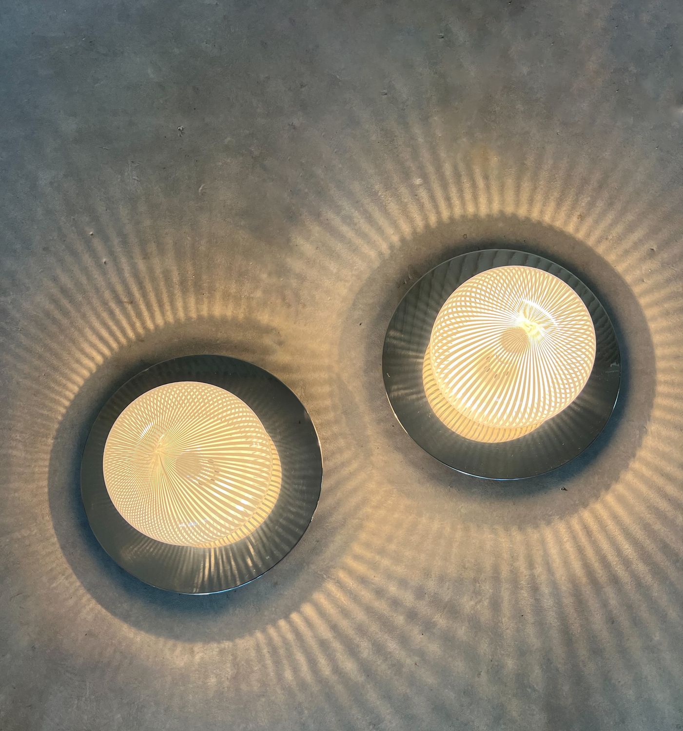 Large chrome and Murano striped glass wall or ceiling lamps, 4 available