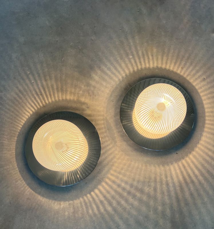 Large chrome and Murano striped glass wall or ceiling lamps, 4 available