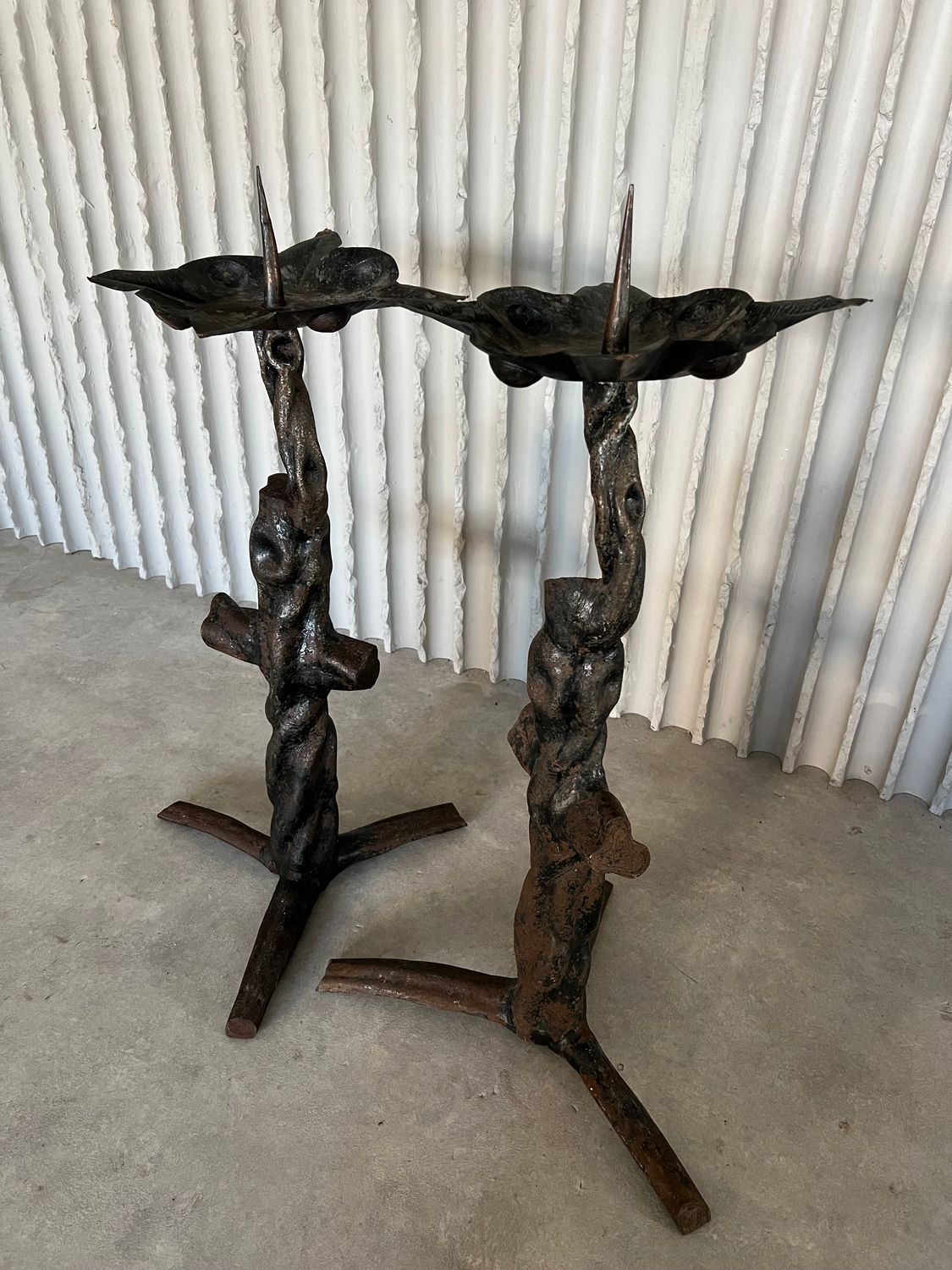 Set of large and heavy faux bois  floor candle holders