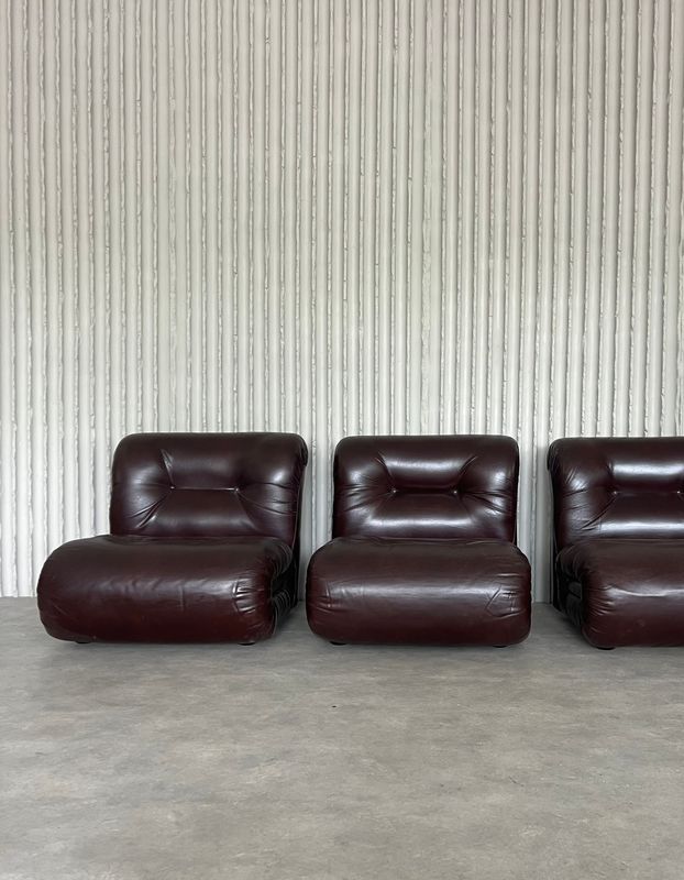 Italian Burgundy Leather Lounge Chairs – Set of 6