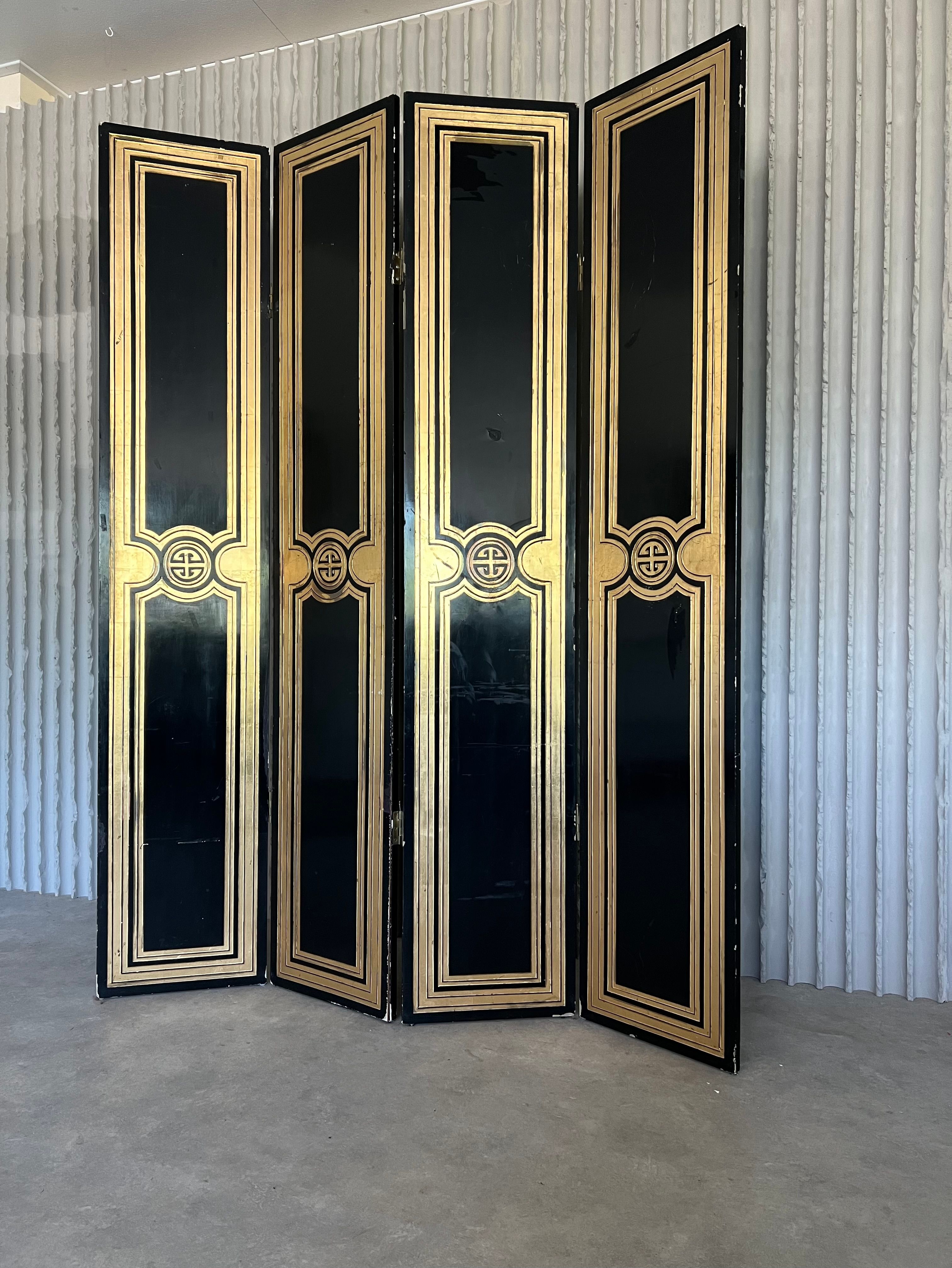 Elegant Vintage French Room Divider – Black Lacquer & Gold Leaf Detail