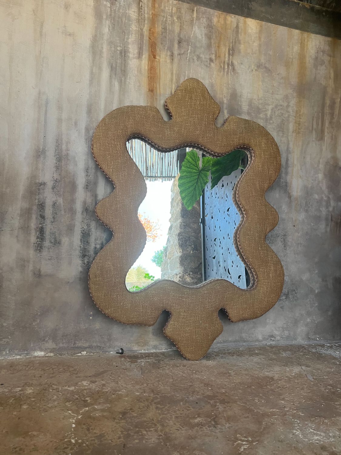 Large Italian Fabric-Padded Mirror, 1950s