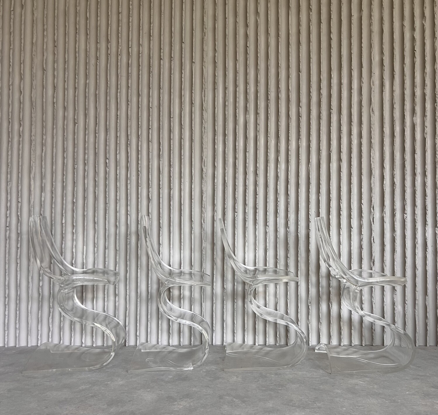 Rare Set of 4 Sculptural Lucite Chairs by Michel Dumas for Atelier Dumas, France, Circa 1970s Michel Dumas, Atelier Dumas, Lucite Chairs, Acrylic Chairs, Plexiglass Chairs, French Modern Design, Space Age Furniture