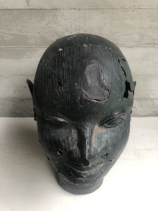 African Bronze Head Sculpture – Possibly Depicting an Oba