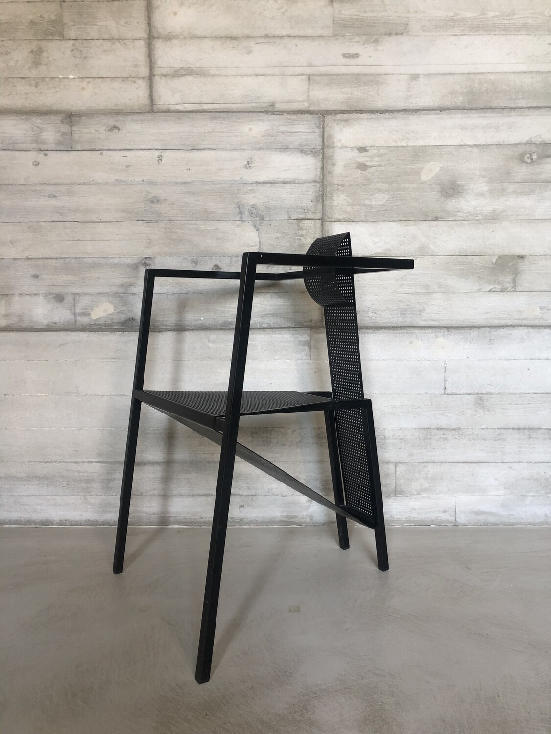 1980s Sculptural Occasional Chair – Postmodern Black Steel & Perforated Metal