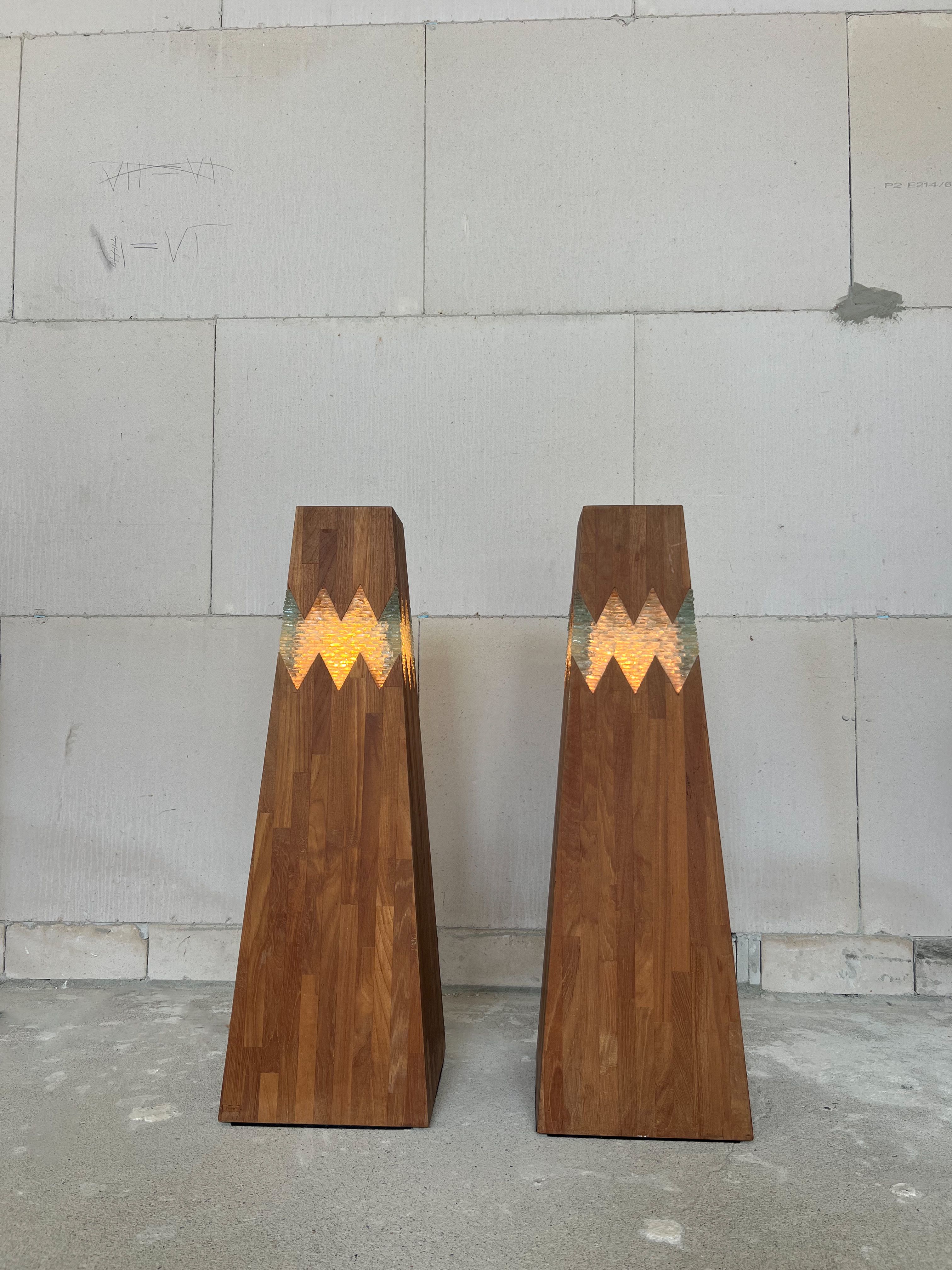 Set of 2 wood & glass floorlamps