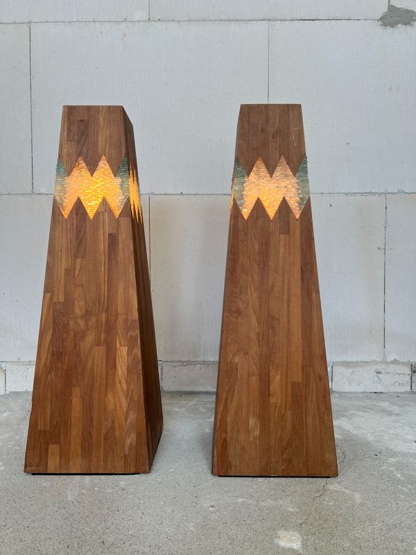 Set of 2 wood & glass floorlamps