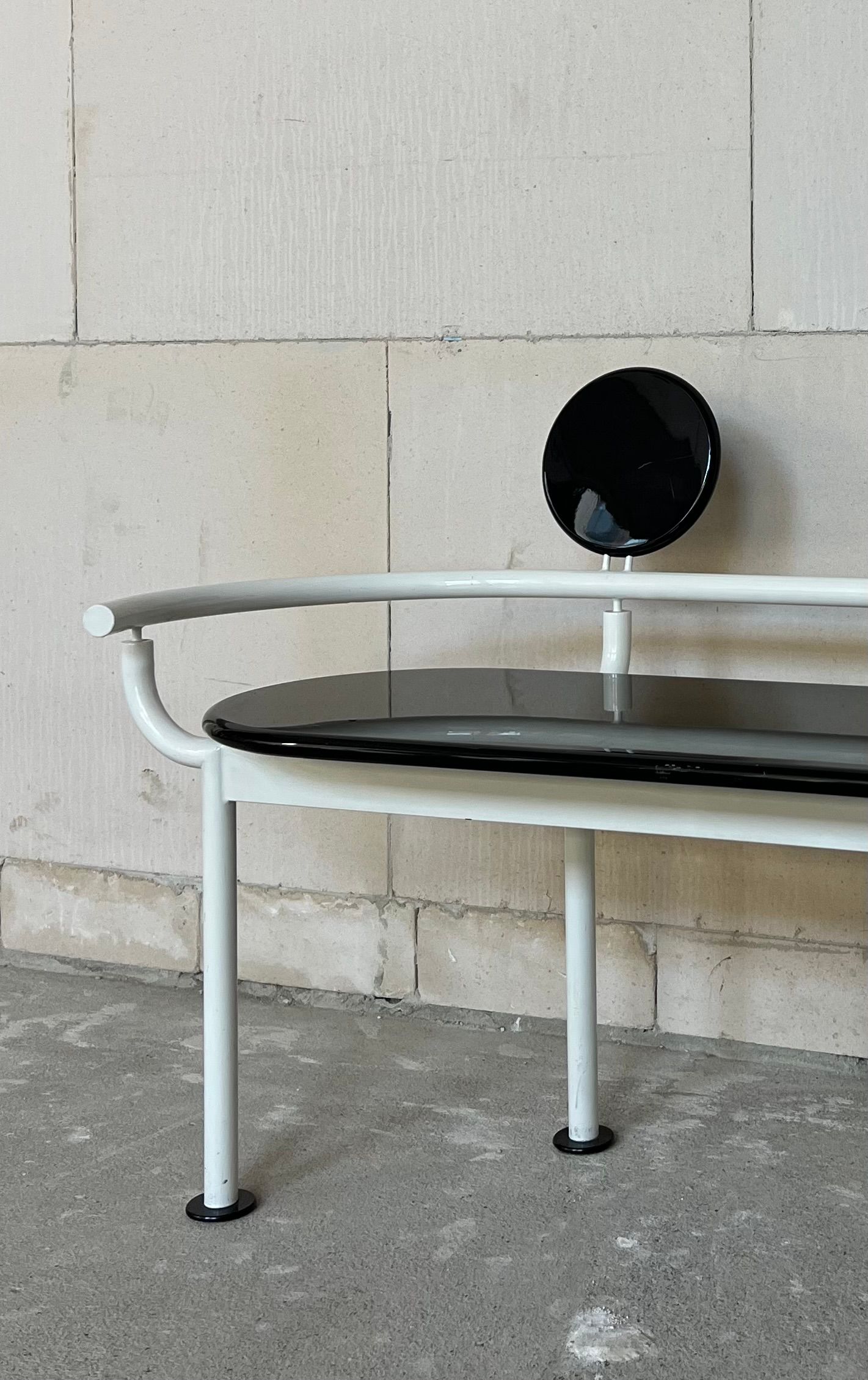 Postmodern / Memphis Style Bench – White Tubular Steel & Black Lacquer, c. 1980s