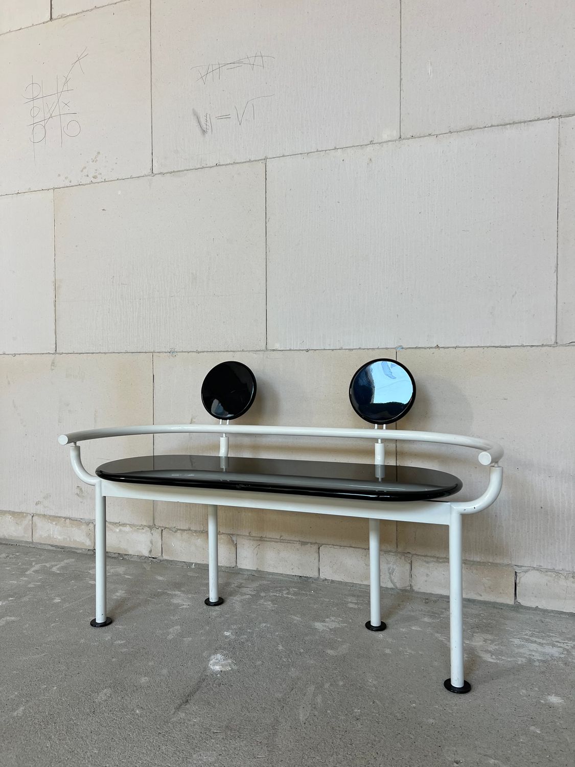 Postmodern / Memphis Style Bench – White Tubular Steel & Black Lacquer, c. 1980s
