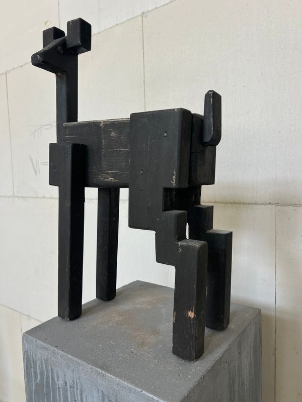 Brutalist Wooden Dog Sculpture – Handcrafted Piece