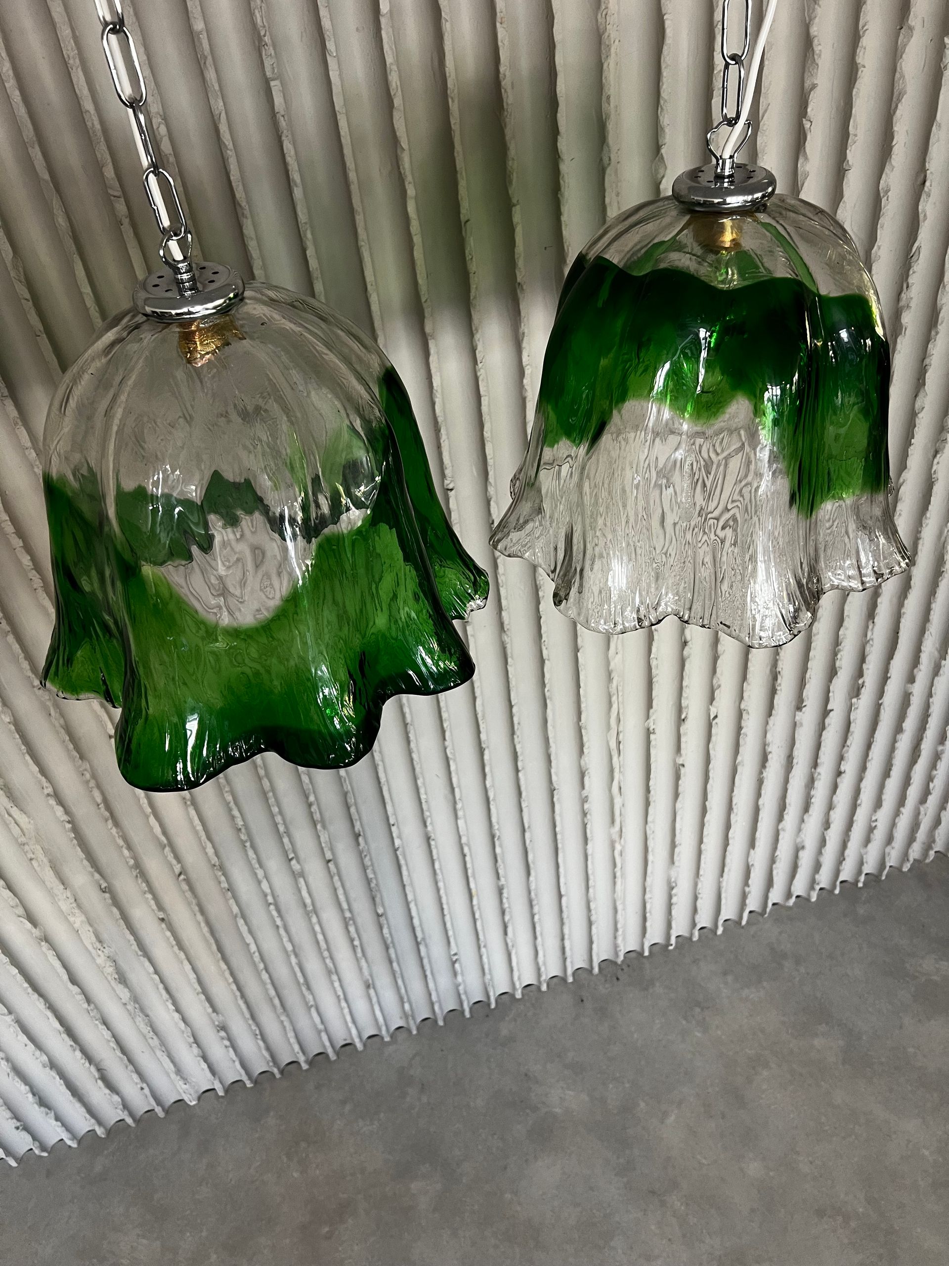 Pair of Vintage Green & Clear Glass Pendant Lights