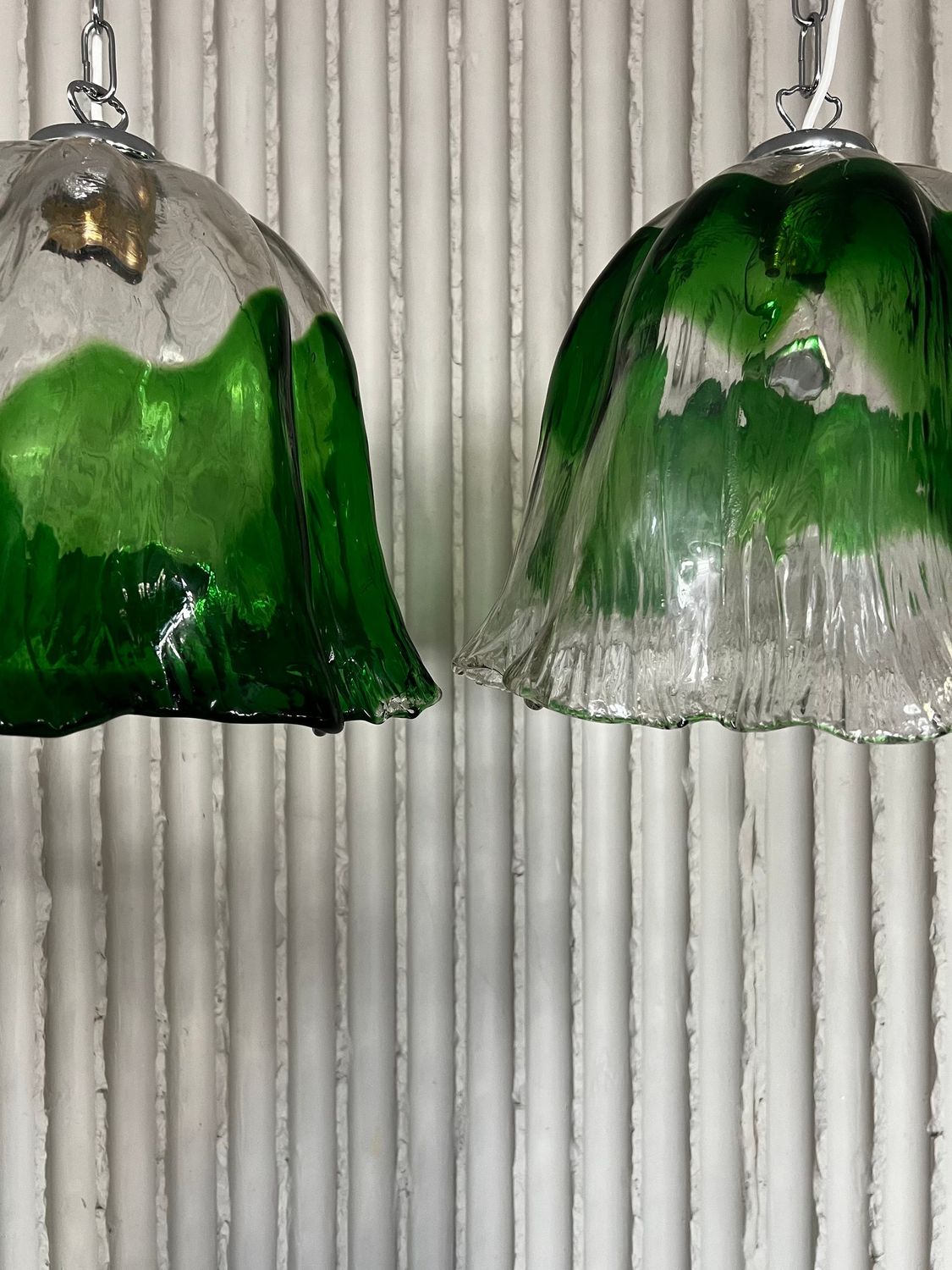 Pair of Vintage Green & Clear Glass Pendant Lights