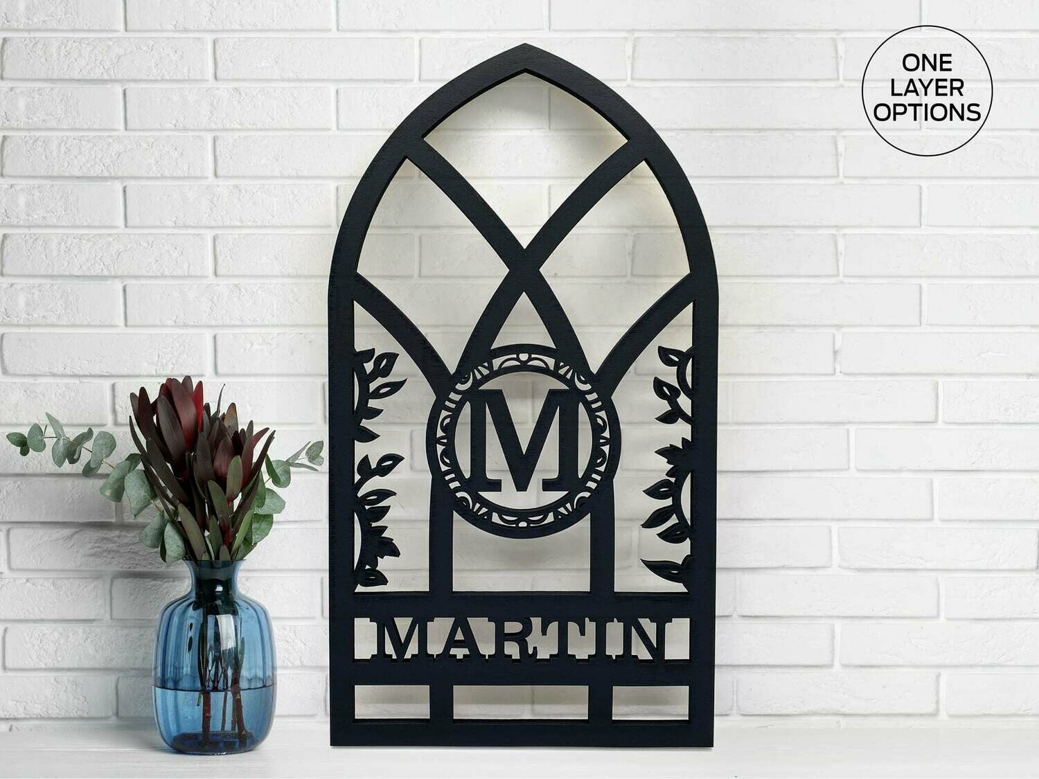 Monogrammed Gothic Cathedral Style Window Arch