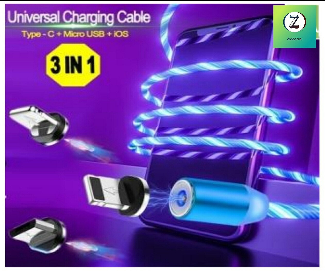 3 in 1 Charging X Cable With LED Light in Multi Color