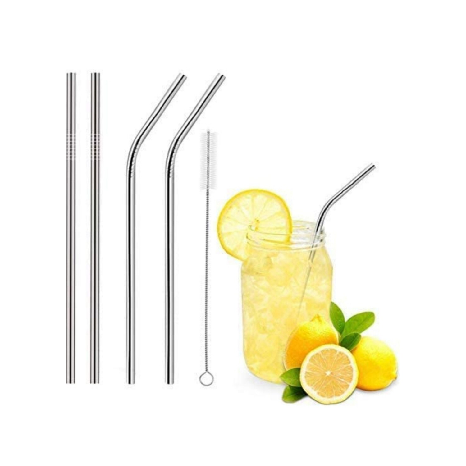 Reusable Stainless Steel Drinking Straws (2 Bend & 2 Straight Straws, 1 Cleaning Brush)