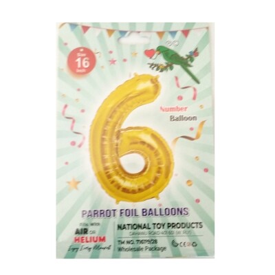16 Inch Parrot Birthday Party Foil Balloon Number - 6 (Fills With Air or Helium)