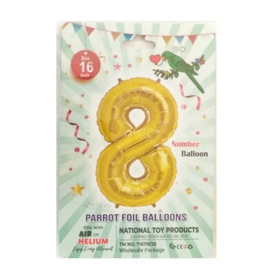 16 Inch Parrot Birthday Party Foil Balloon Number - 8 (Fills With Air or Helium)