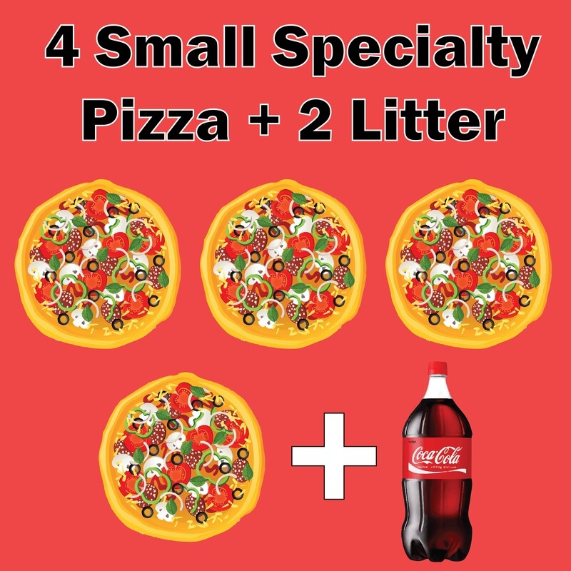 4 Small Specialty Pizza + 2Litter Soda
