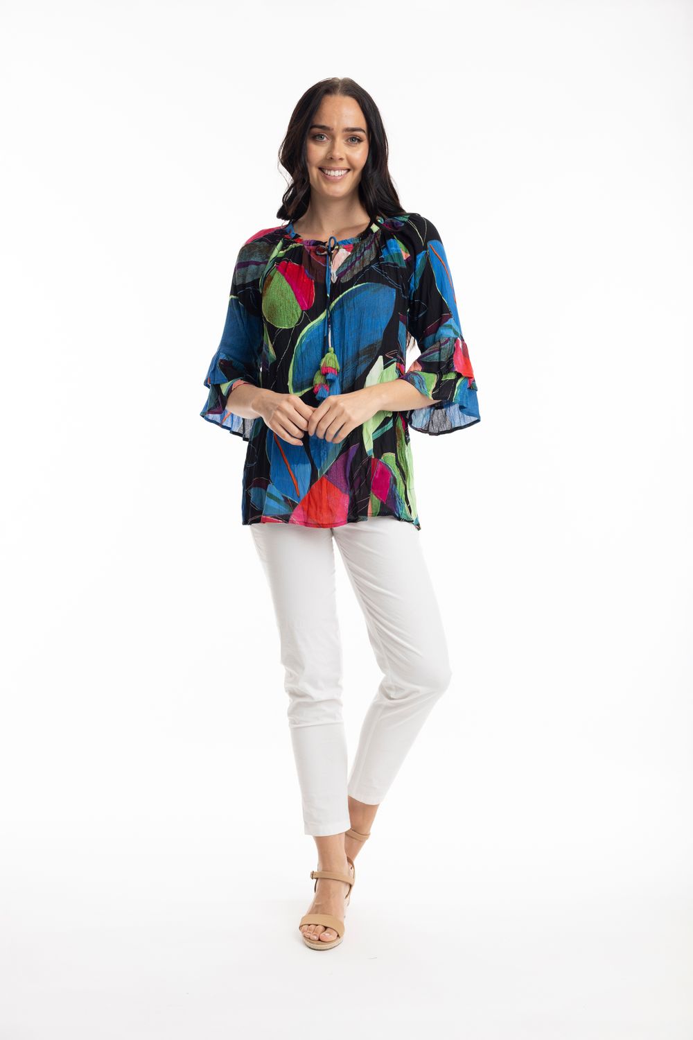 Orientique Seychelles Top Frill Sleeve print 9235
