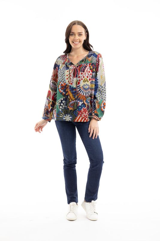 Orientique Hotel California Top Shirred Shoulde Print 62724