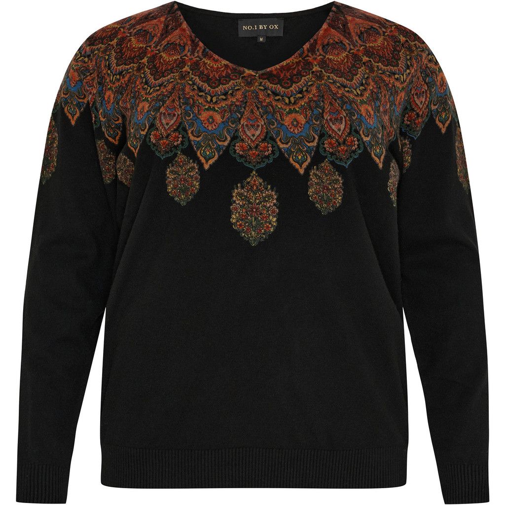 NO.1 by OX Knitted V neck sweater w print Black 63064