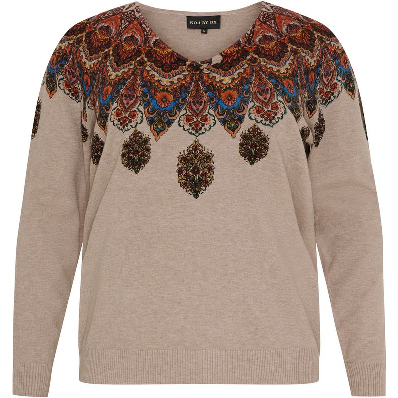 NO.1 by OX Knitted V neck sweater w print Camel Brown Mélange 63064
