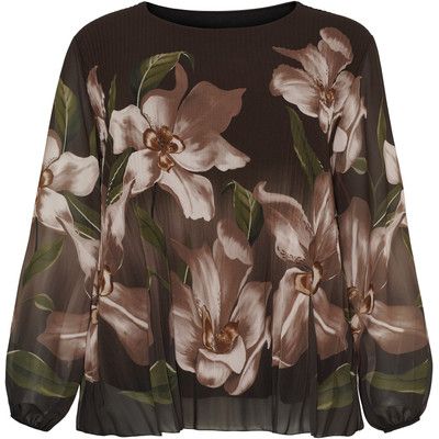 No.1 by Ox Pleated Blouse LS Dark Brown w Big Flowers 63337