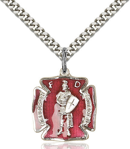 Sterling Silver St. Florian Red Enamel Firefighters Badge (Medium Size) on a 24" Light Rhodium Chain