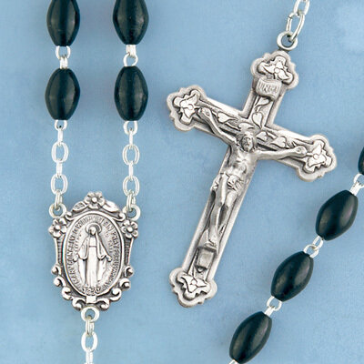 Black Oval Coco Bead Rosary with Sterling Silver Crucifix and Center